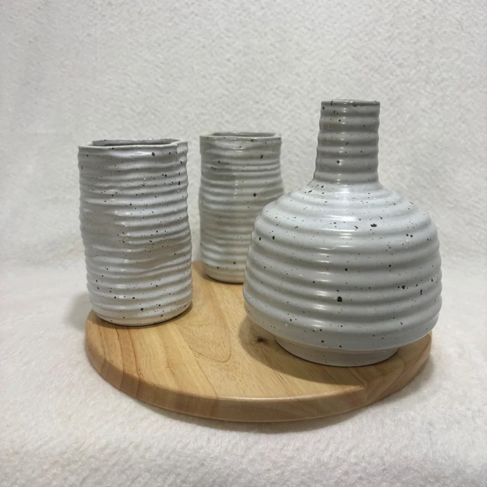 Minimalist Speckled Ceramic Vase Set 3-Piece Organic Wavy Edge Modern Grey Decor
